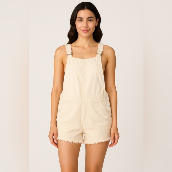 ZEE.GEE.WHY. Denim - ZEE.GEE.WHY. Beige Cotton Overall Shorts Women’s Size M Frayed Hem Romper